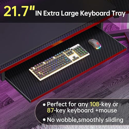 SEDETA 79" Gaming Desk, Computer Desk with 2 Fabric Drawers & LED Light, L Shaped Gaming Desk with Storage Shelf for Home Office, Carbon Fiber Black&Red - color: Carbon Fiber Black&red