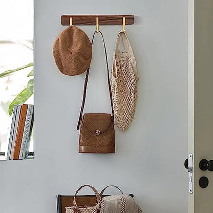 Wall Mounted Coat Rack, Entryway Hanging Coat Rack, Metal Wood Coat Rail with 3 Rustic Hooks Rail for Coat, Scarf, Bag, Towel, Key, Cap, Hat, Walnut Gold Matt - size: 3 Hooks - J Shape