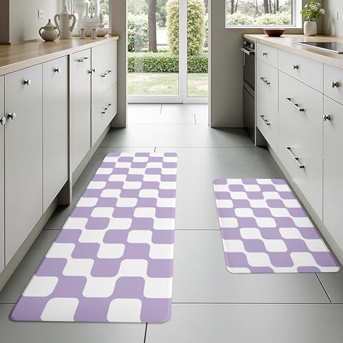 Modern Purple Retro Curvy Checkered Grid Checkerboard Kitchen Rug Sets [2 PCs], Anti-Fatigue, Waterproof Non-Slip Kitchen Mats Heavy Duty Comfort Foam Rug for Floor, Home, Laundry,17"x29"+17"x47" - color: Milkgrid-purple, size: 17.3"x29"+17.3"x47"-0.4"H