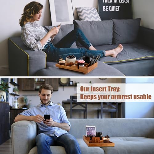 Nnewvante Couch Tray Insert with Cup Holder,2-in-1 Insert & Flat Sofa Organizer Acacia Wood with 2 Cup Holders,Fits Middle Couch or Ottomans,for Snacks, Drinks, Remotes,15.35x9.84-inch - color: Acacia Wood