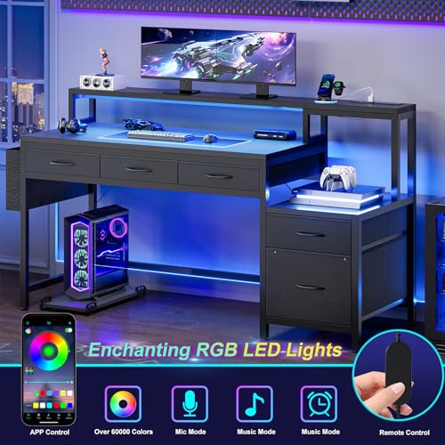REAHOME 61 Inch Gaming Desk with Charging Station and LED Lights, Reversible Computer Desk with Storage Drawer and Monitor Stand, Modern Desk Table with File Cabinet & Side Pocket, Carbon Fiber Black - color: Carbon Fiber Black