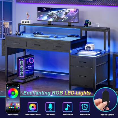REAHOME 61 Inch Gaming Desk with Charging Station and LED Lights, Reversible Computer Desk with Storage Drawer and Monitor Stand, Modern Desk Table with File Cabinet & Side Pocket, Carbon Fiber Black - color: Carbon Fiber Black