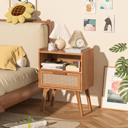 Lerliuo Rattan Nightstand, Side Table with Drawer Open Shelf, Cane Accent Bedside End Table with Solid Wood Legs, Mid Century Modern Night Stand for Bedroom, Dorm and Small Spaces (Tea Brown) - color: Tea Brown, size: 1 pack