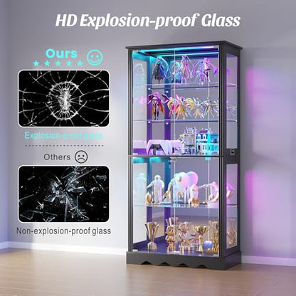Dystler Display Cabinet with RGB LED Lights & Glass Doors, 5-Tier, Black | Human Sensor Lighting, Flexible Storage with Adjustable Shelves, Modern Design Curio Cabinet - color: Pure Black
