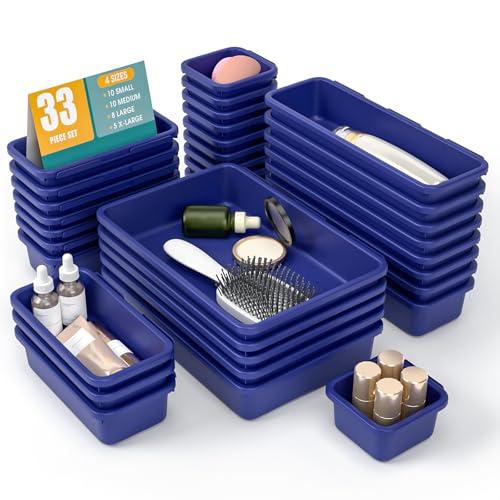 33 PCS Drawer Organizer Set, 4 Size Makeup Drawer Divider Organizer With Non-Slip Pads, Interlocking Plastic Storage Bins for Office,Jewelry Vanity,Gadgets, Bathroom,Kitchen, Navy - color: Navy, size: 33Pack