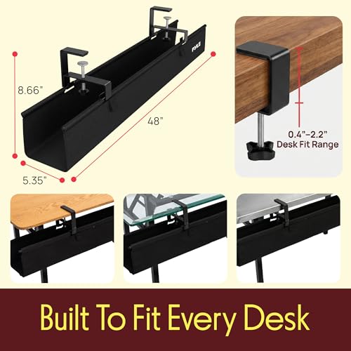 Pyle 48" Under Desk Cable Management Tray, Under Desk Wire Organizer with Clamp or Screw Mount, Desk Cable Organizer with Fabric Design for Large Workstations, Built-in Ties, 20 lb Capacity, Black - size: 48"