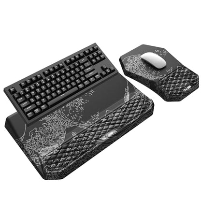 3-in-1 Ergonomic Keyboard Stand with Wrist Rest & Mouse Pad Set, Comfy Keyboard Riser Holder Soft Mousepad with Massage Design, Memory Foam and Non-Slip PU Base for Pain Relief, Black Wave of Kanagawa - color: Black Wave