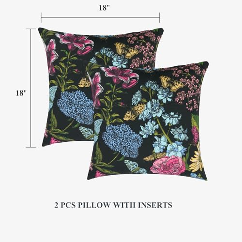 FUNHOME Outdoor Indoor Throw Pillows 18”x18”, Set of 2 Decorative Throw Pillows with Inserts, All Weather Water-Repellent Square Pillows for Bed, Couch, Sofa and Patio Furniture-Black Flower Butterfly - color: Black Flower Butterfly, size: 18"L x 18"W(Wit
