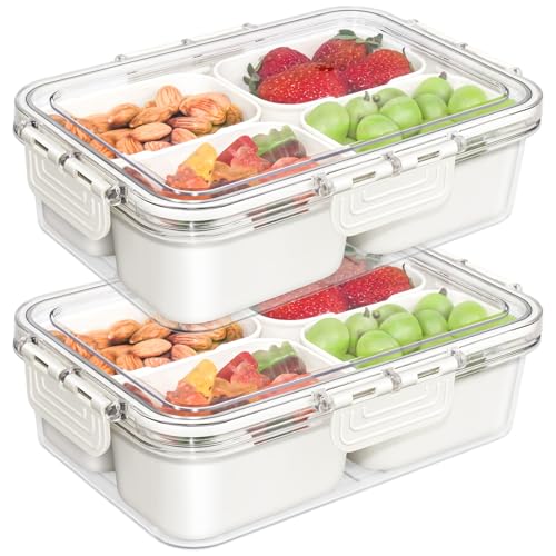 Small Snackle Box Container, Updated PP Dishwasher Safe Divided Serving Tray with Lid, 4 Compartment Snack Box Container for Candy, Fruits, Charcuterie, Travel & Parties, BPA-Free, 2 Pack - color: Cream 2 Pack