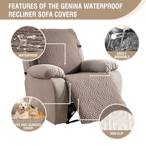 Genina Waterproof Oversized Recliner Chair Covers - 100% Protection, Non-Slip, Washable Recliner Slipcover for Larger Recliners, Kids & Pets Friendly【28'' /Taupe】 - color: Taupe, size: 28 in （Oversized 1 Seater）