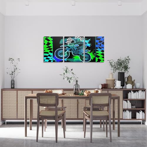 Feelyou Kids Dirt Bike Canvas Wall Art for Living Room Motorcycle Wall Decor for Bedroom Bathroom Wall Decor Racing Motocross Rider Paintings Sports Pictures Artwork Office Ready to Hang Pictures - color: Blue Green