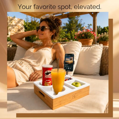 Couch Caddy with Cup Holder | Wood Couch Cup Holder Tray for Drinks, Snacks & Remotes | Sofa Couch Organizer with Phone & Cup Holder Tray (White) - color: White