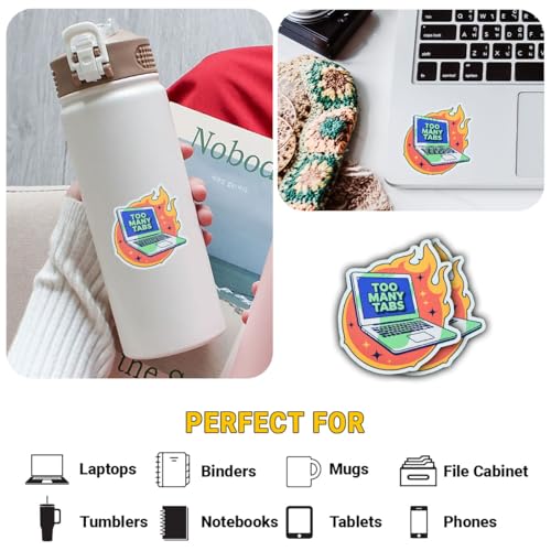 3 Pcs Too Many Tabs Sticker, Funny Computer Humor Sticker, Laptop on Fire Meme Stickers, Sarcastic Work from Home Quote Stickers Die-Cut Waterproof for Laptop Water Bottle Phone Window Helmet