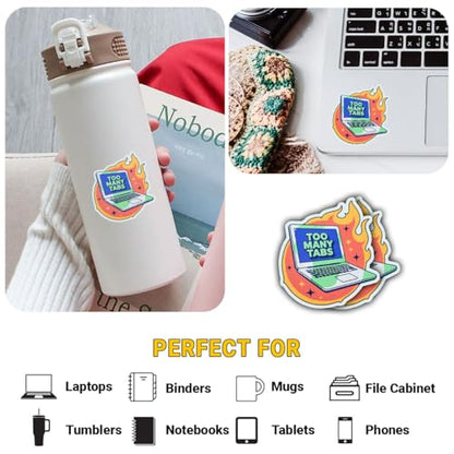 3 Pcs Too Many Tabs Sticker, Funny Computer Humor Sticker, Laptop on Fire Meme Stickers, Sarcastic Work from Home Quote Stickers Die-Cut Waterproof for Laptop Water Bottle Phone Window Helmet