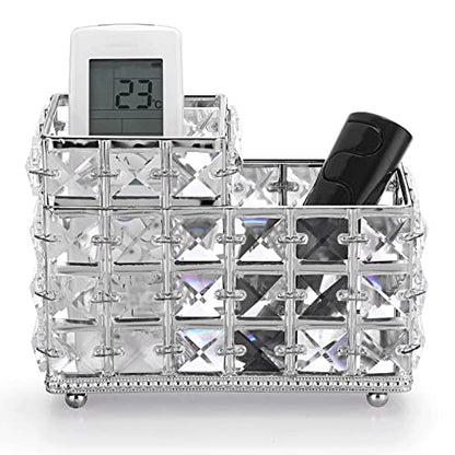 Hipiwe Crystal Remote Control & Makeup Brush Organizer - 2-Slot Silver Tabletop Pen & Pencil Storage Holder for Office & Bathroom - style: 2-Slot, Silver