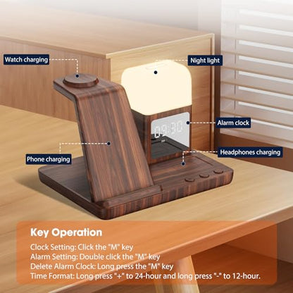 Wireless Charger for Samsung/Android, 6 in 1 Phone Nightstand Charging Station Charger with Alarm Clock/Night Light for Samsung S26/S25/S24 Ultra/Buds4,Watch Charger for Galaxy Watch 8/7/6/5 - color: Woodgrain