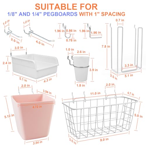 Pegboard Basket Organizers, Peg Board Large Baskets Hooks Bins Cups Tool Organizer 42 Pack Set, Wall Storage Display Hanging Accessories for Craft Office Stadio Shed Garage Organization (White & Pink) - color: White & Pink