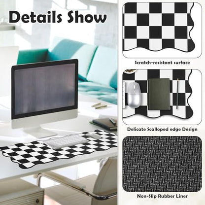 Copkim 1 Pcs Black Scalloped Checkered Desk Mat 31.5 x 11.8 Inch Large Cute Mouse Pad Computer Mat Non Slip Waterproof Rubber Base with Border Stitching Soft Keyboard Pad for Home Office Gaming Makeup - color: Black, style: Checkered