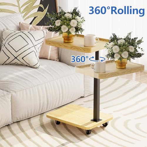 Tv Tray,Adjustable Height C Shaped End Side Table for Eating on Couch That Slide Under,360°Swivel Sofa Snack Dinner Table with Wheels for Living Room and Bedroom, Bed,Chair(Oak+Black) - color: Oak+black