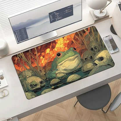 Game Mat with Magical Frog Skull Jungle Fire Theme, 35.4 x 15.7 Inches, Non-Slip, Wear-Resistant, Double-Stitched Edges, Multi-Use Desk Protector - color: Frogs and Skulls Jungle Fire
