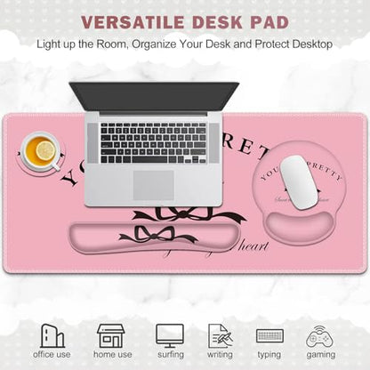 Gaming Mouse Pad, Large Desk Mat, Cute Desk Pad Protector, 4in1 XXL Mousepad + Keyboard Wrist Rest+Mouse Wrist Rest+Coaster Set with Ergonomic Desk Pad for Home Office Table Computer, Pink Pretty Bow - color: Pink Pretty Bow