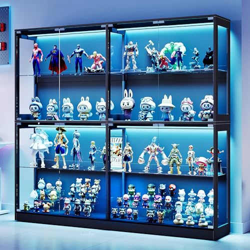 AMERLIFE RGB Display Cabinet with Adjustable Glass Shelves, 4-Tier Storage Case with LED Lights & Press-to-Open Doors, Modern Display Shelf for Collectibles, Black 70" H×75" L×16" D - color: Black, size: 75×16×70in