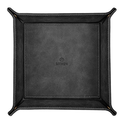 SITHON Valet Tray Desktop Storage Organizer – Premium PU Leather Catchall Bedside Vanity Tray Nightstand Caddy Holder for Keys, Phone, Wallet, Coin, Jewelry, Valentine's Day Gift, Black - color: Black