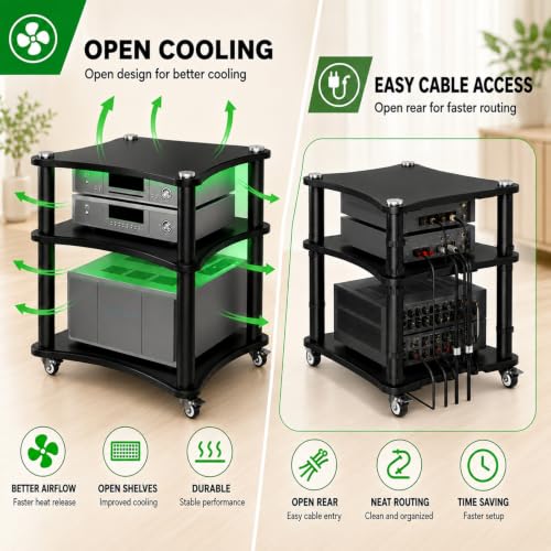 3-Tier AV Media Stand with LED Lights, Heavy Duty Mobile Stereo Cabinet Stand with Wheels, Wooden Stereo Rack, Audio Rack Furniture Perfect for DVD Player/Game Console (with Lights, 3 Tier) - color: With Lights, size: 3 Tier