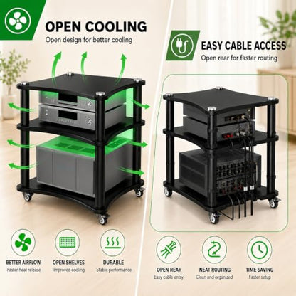 3-Tier AV Media Stand with LED Lights, Heavy Duty Mobile Stereo Cabinet Stand with Wheels, Wooden Stereo Rack, Audio Rack Furniture Perfect for DVD Player/Game Console (with Lights, 3 Tier) - color: With Lights, size: 3 Tier