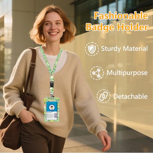 Frog Badge Holder with Lanyard, Cute Frogs ID Badge Holder with Retractable Reel Clip and Keychain for Animal Lover, Vertical Identity Card Cover Case Protector for Women Nurse Teacher - color: Frog-green