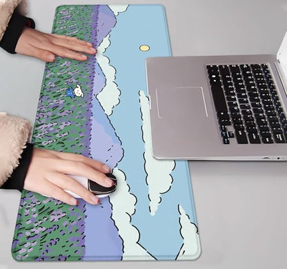 IMAYONDIA Anime Lavender Desk Mat Cute, Green Purple Blue XL Large Gaming Mouse Pad for Laptop, Kawaii Landscape Japanese Deskmat, Mousepad Computer Pad, 31.5 X 11.8 Inch - color: Lavender Landscape