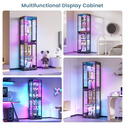Dystler Display Cabinet with Glass Doors, 6 Tier RGB Lights Curio Cabinet | Adjustable Shelves, Human Sensor Lighting, Modern LED Display Case for Collectibles, Black - color: Black