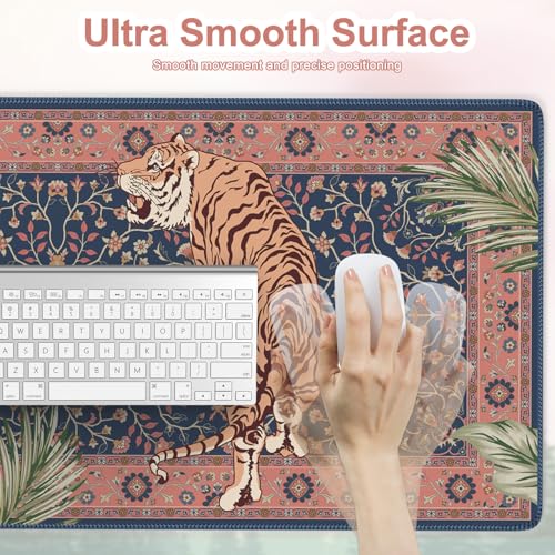 Tiger Desk Matt for Desktop, Floral Gaming Cute Desk Mat, Non Slip Keyboard and Mouse Pad, Stitched Edges Large Desk Pad, Desk Mat for Home Office 35.4 x 15.7 Inches (Pink) - color: Multi/Pink