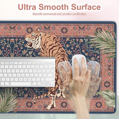 Tiger Desk Matt for Desktop, Floral Gaming Cute Desk Mat, Non Slip Keyboard and Mouse Pad, Stitched Edges Large Desk Pad, Desk Mat for Home Office 35.4 x 15.7 Inches (Pink) - color: Multi/Pink