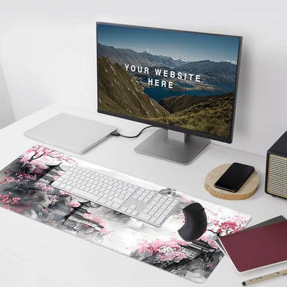 Japanese Cherry Blossom Large Mouse Pad,Gaming Keyboard Desk Pad,Extended Mouse Mat Non-Slip Rubber Base with Stitched Edges for Office Game Home XXL 35.4"x15.7" - color: Cherry Blossom, size: 35.4L x 15.7W inches