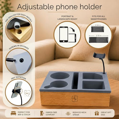 Couch Caddy with Cup Holder | Wood Couch Cup Holder Tray for Drinks, Snacks & Remotes | Sofa Couch Organizer with Phone & Cup Holder Tray (Grey) - color: Grey