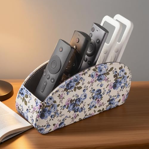 Remote Control Holder with 5 Compartments,PU Leather Remote Holder Compatible with Fire TV Remotes, Media Player Remotes, Heater Controllers, and Air Conditioner Remote Controls(Blue-flowering) - color: Blue-flowering