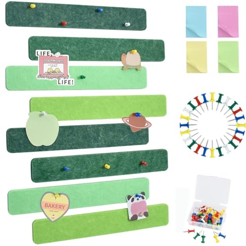 Vuzvuv 8Pcs Green Cork Board Bar Strips with 50 Pushpins & Sticky Notes, Self-Adhesive Bulletin Board Strips No Damage for Wall, Felt Pin Board for Paste Notes, Photos, Schedules Office Decor - color: Green