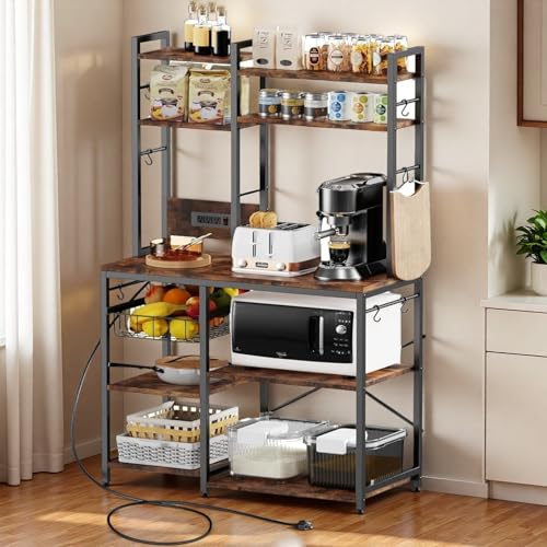 Luckyeestar Bakers Rack with Power Outlet - 6 Tier Microwave Stand with Storage, 35.4 inches Kitchen Shelf with Wire Basket and 12 S Hooks,Coffee Bar Shelf, Adjustable Feet, Rustic Brown Cabinet - size: 6-Tier 35.4 inches