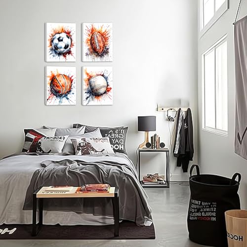 Framed Sports Canvas Wall Art Boys Room Decor Rustic Football Baseball Basketball Soccer Wall Decor Sport Theme Posters Playroom Boys Bedroom Decor(8 x10 inches,Framed) - color: Framed-- Sports Canvas Wall Art