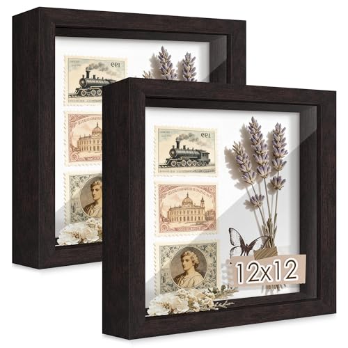 Picrit Shadow Box Frame 12x12 Set of 2, Display Case Box with High Definition Real Glass and Black Back for Memorabilia, Baby Items, Wedding Memories, Crafts, Tickets and Photos, Brown - color: Brown, size: 12x12-2P