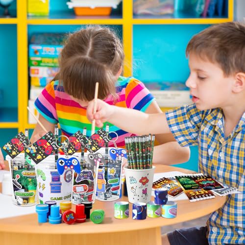 RoundFunny 133 Pcs Video Game Party Favors Gamer Birthday Party Decorations Gamer Cups Notebook Pencils Sharpener Keychain Slap Bracelets Ring Stamp Sticker for Gaming Supplies Reward Gift