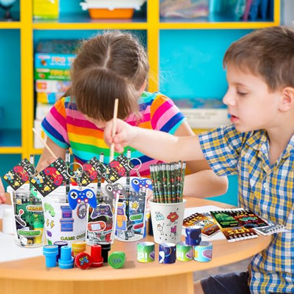 RoundFunny 133 Pcs Video Game Party Favors Gamer Birthday Party Decorations Gamer Cups Notebook Pencils Sharpener Keychain Slap Bracelets Ring Stamp Sticker for Gaming Supplies Reward Gift