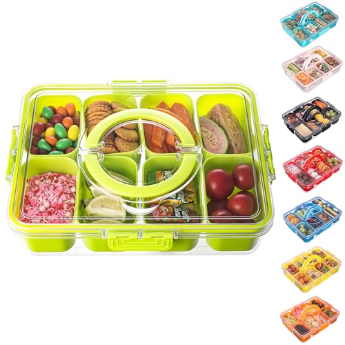 Dingerjar Divided Serving Tray with Lid and Handle - Snackle Box Charcuterie Container for Portable Snack Platters Organizer for Candy, Fruits, Nuts, Snacks - Perfect for Party, Entertaining, Green - color: Green