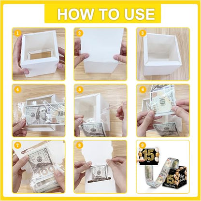 VIVORA 15th Birthday Money Box for Cash Pull, Happy Birthday Black Gold Boxes Gifts for Money Pull Out Card, 50Pcs Transparent Bags - color: Blackgold15th