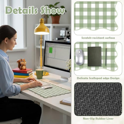 Copkim 1 Pcs Scalloped Green Gingham Desk Mat 31.5 x 11.8 Inch Large Cute Mouse Pad Computer Mat Non Slip Waterproof Rubber Base with Border Stitching Soft Keyboard Pad for Home Office Gaming Makeup - color: Green, style: Gingham