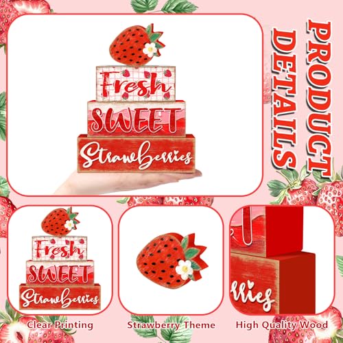 Britimes 4 Pcs Strawberry Decor Summer Wooden Tiered Tray Set, Strawberry Table Décor Farmhouse Rustic Wooden Coffee Table Centerpieces for Home kitchen Office Decorations - style: Stawberry