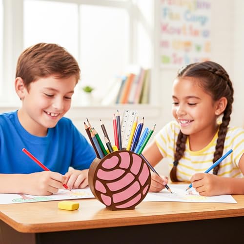 MALLMALL6 Mexico Concha Pencil Holder - 3D Mexican Bread Pink Wooden Pen Holder, Back to School Funny Caddy Case Gift for Kids, Desktop Storage Organizer for Classroom Teacher Office - style: Mexico Concha