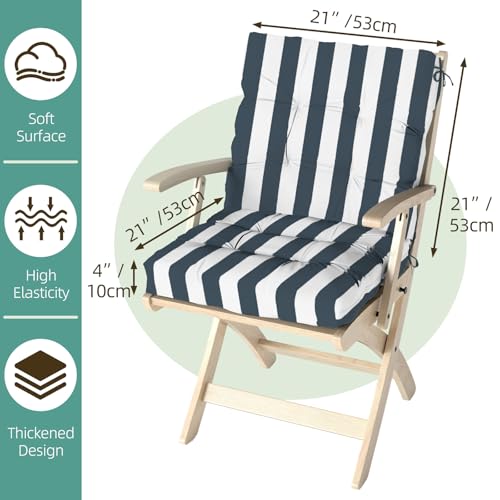 Outdoor Chair Cushions Set of 2, 42x21x4 Inch Patio Cushion for Dining/Rocking Chairs, High Back Soft Seat Pad with Ties, Fade-Resistant & Waterproof, Dark Blue White Stripes - color: Dark Blue White Stripes