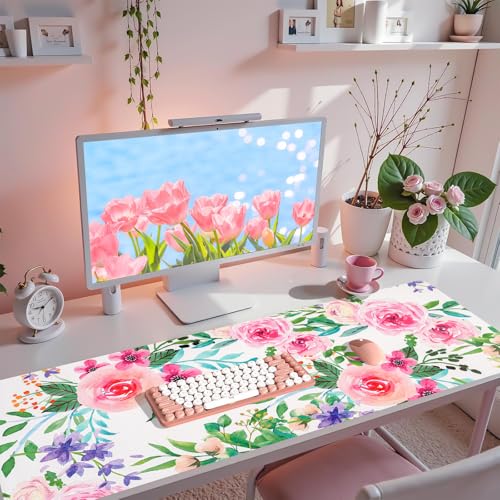 Long Desk Mat, Large Mouse Pad for Desk, Women Girls Waterproof Large Keyboard Pad, Cute Computer Mat for Office Work/Home/Decor/Desktop Accessories (47.2"x16.9") - color: Pinkflower, size: 47.2" x 16.9"